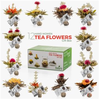 Blühende Tee-Geschenkbox, 12 Stück Formen und Geschmacksrichtungen